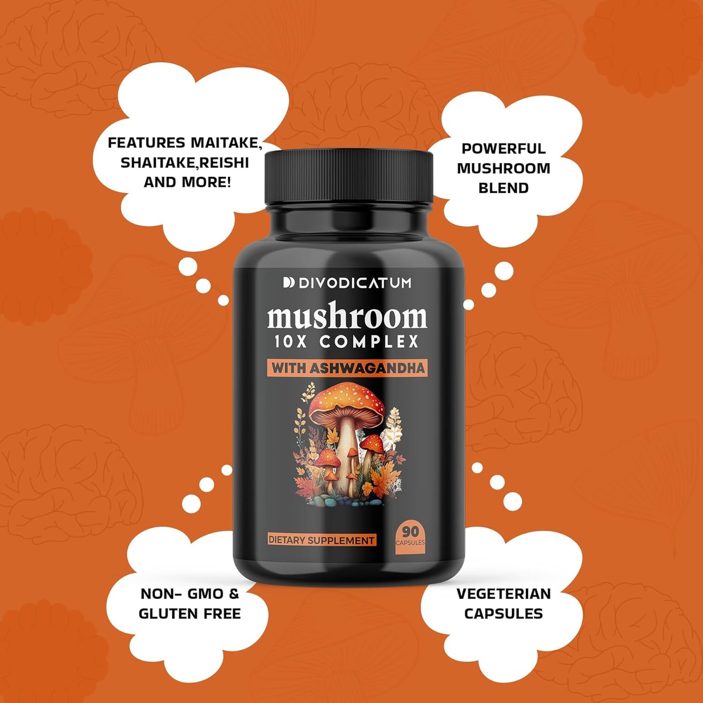 Organic Mushroom Complex Supplement with Ashwagandha - Lion’s Mane, Reishi, Cordyceps, Chaga, Turkey Tail & More for Focus, Energy, and Brain Boost - 90 Capsules