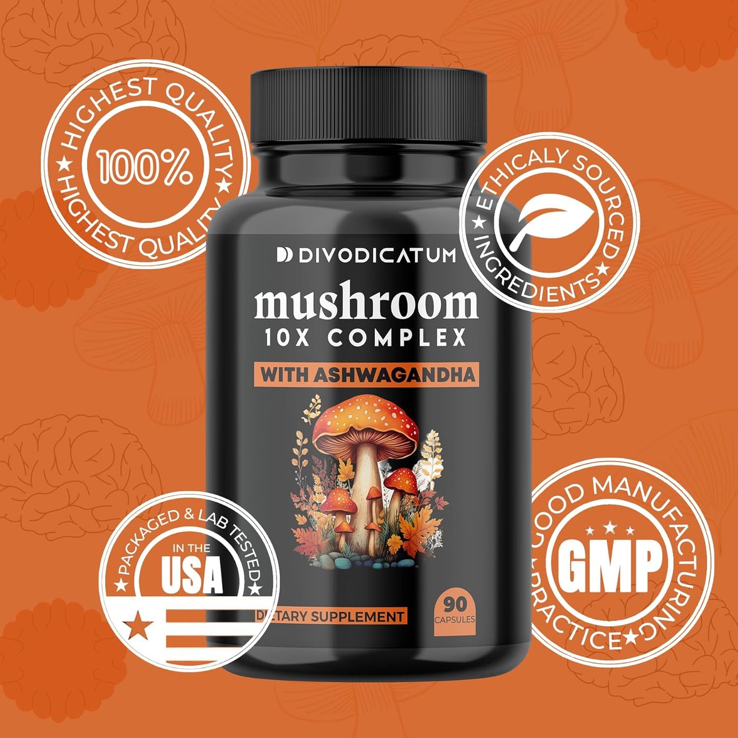 Organic Mushroom Complex Supplement with Ashwagandha - Lion’s Mane, Reishi, Cordyceps, Chaga, Turkey Tail & More for Focus, Energy, and Brain Boost - 90 Capsules
