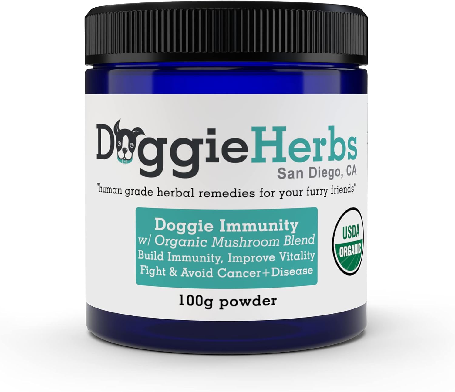 Organic Mushroom Dog Supplement with Beta Glucan for Immune Health - 100g Herbal Powder with Dose Scoop - Canine Immunity Boost