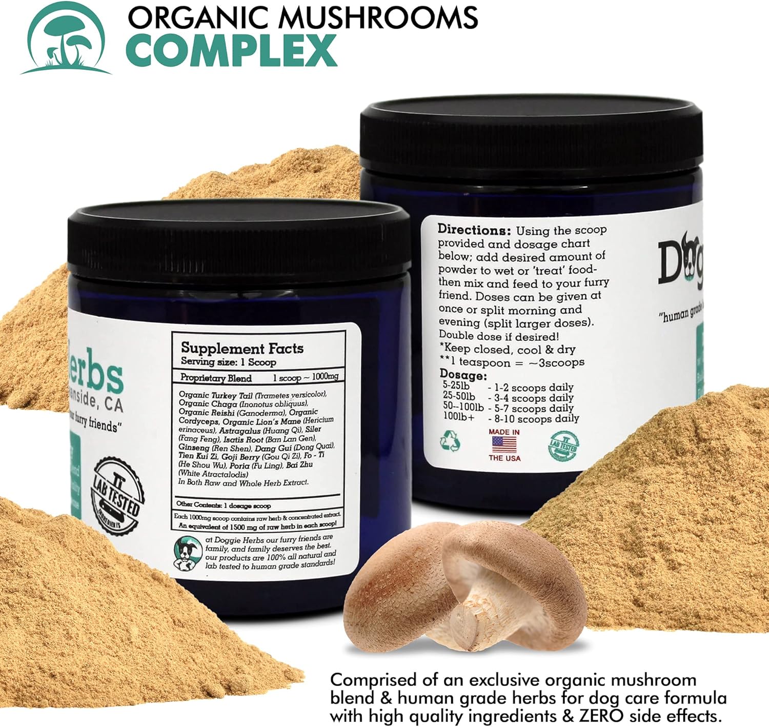 Organic Mushroom Dog Supplement with Beta Glucan for Immune Health - 100g Herbal Powder with Dose Scoop - Canine Immunity Boost