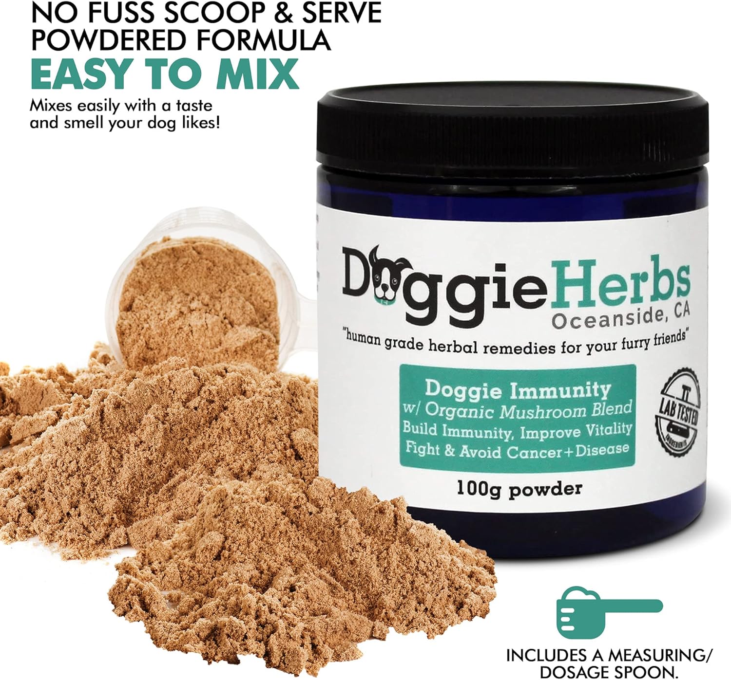 Organic Mushroom Dog Supplement with Beta Glucan for Immune Health - 100g Herbal Powder with Dose Scoop - Canine Immunity Boost