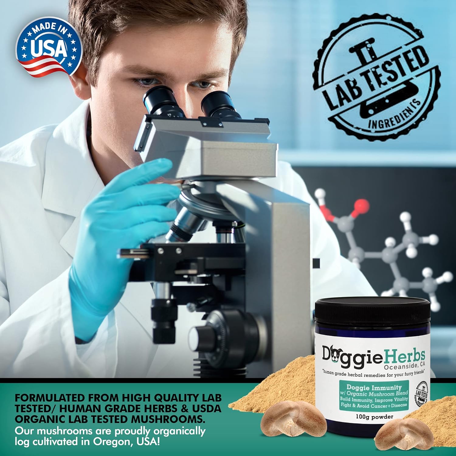 Organic Mushroom Dog Supplement with Beta Glucan for Immune Health - 100g Herbal Powder with Dose Scoop - Canine Immunity Boost