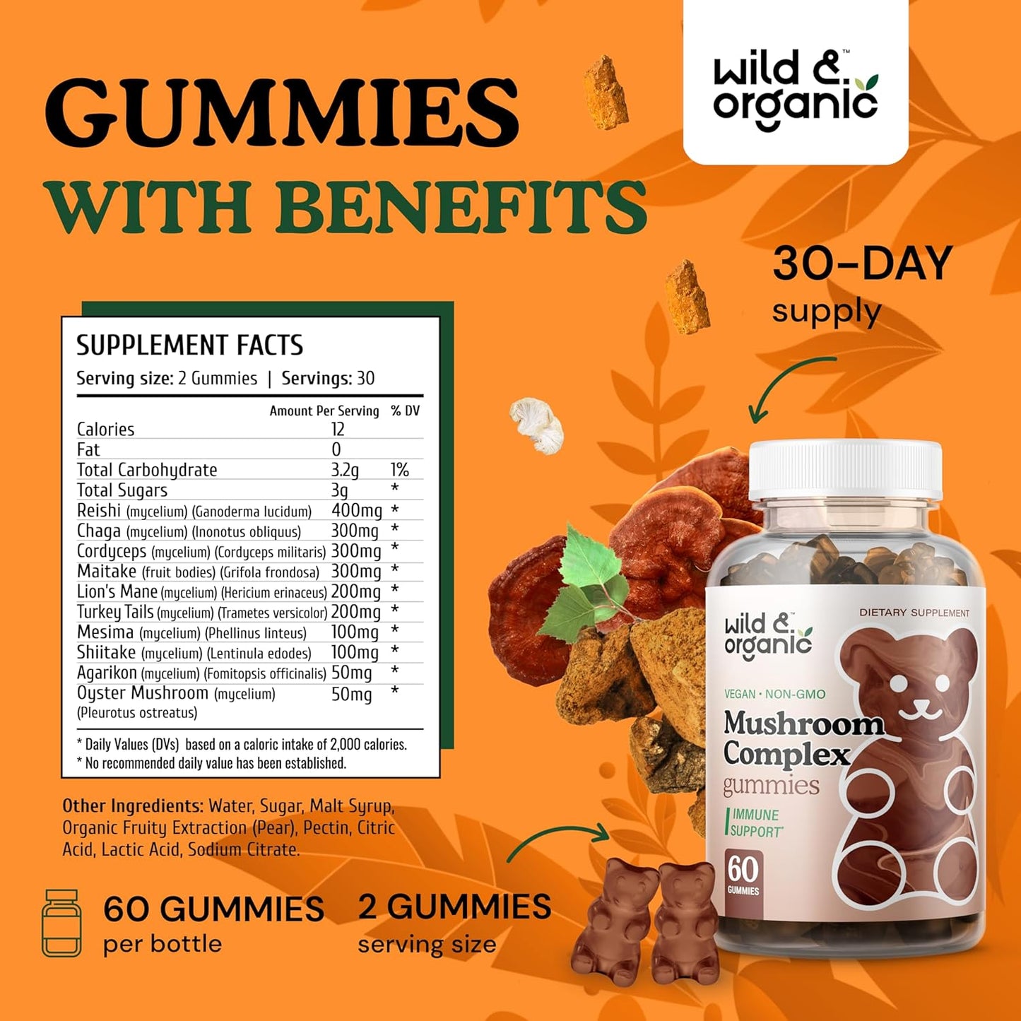 Organic Mushroom Gummies 10-in-1 Complex - Immune & Brain Support - Lion's Mane, Cordyceps, Turkey Tail, Reishi, Chaga, Maitake - 60 Count