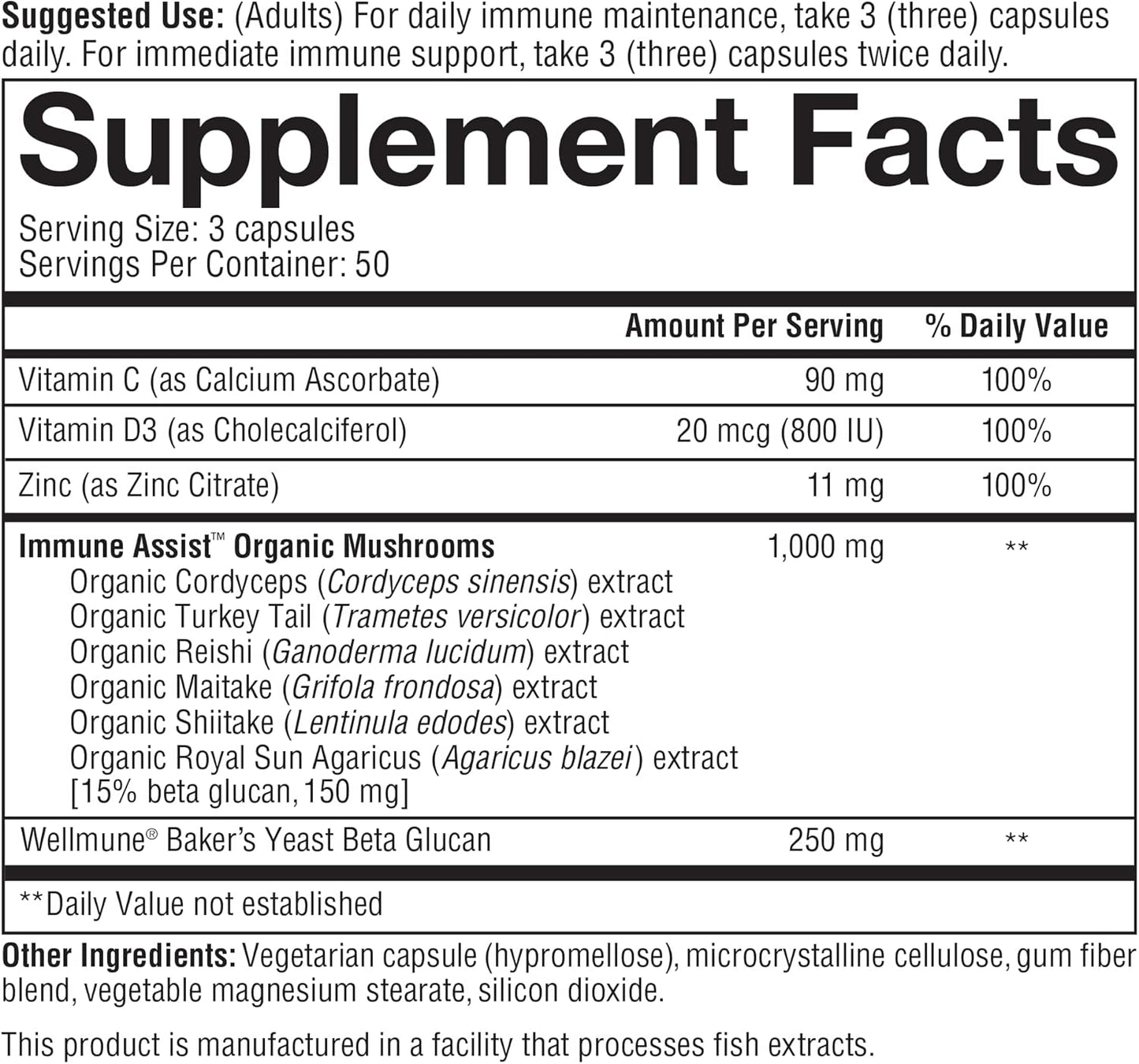 Organic Mushroom Immune Support Capsules with Beta Glucan, Vitamin C, D3, and Zinc - 150 Vegetarian Capsules