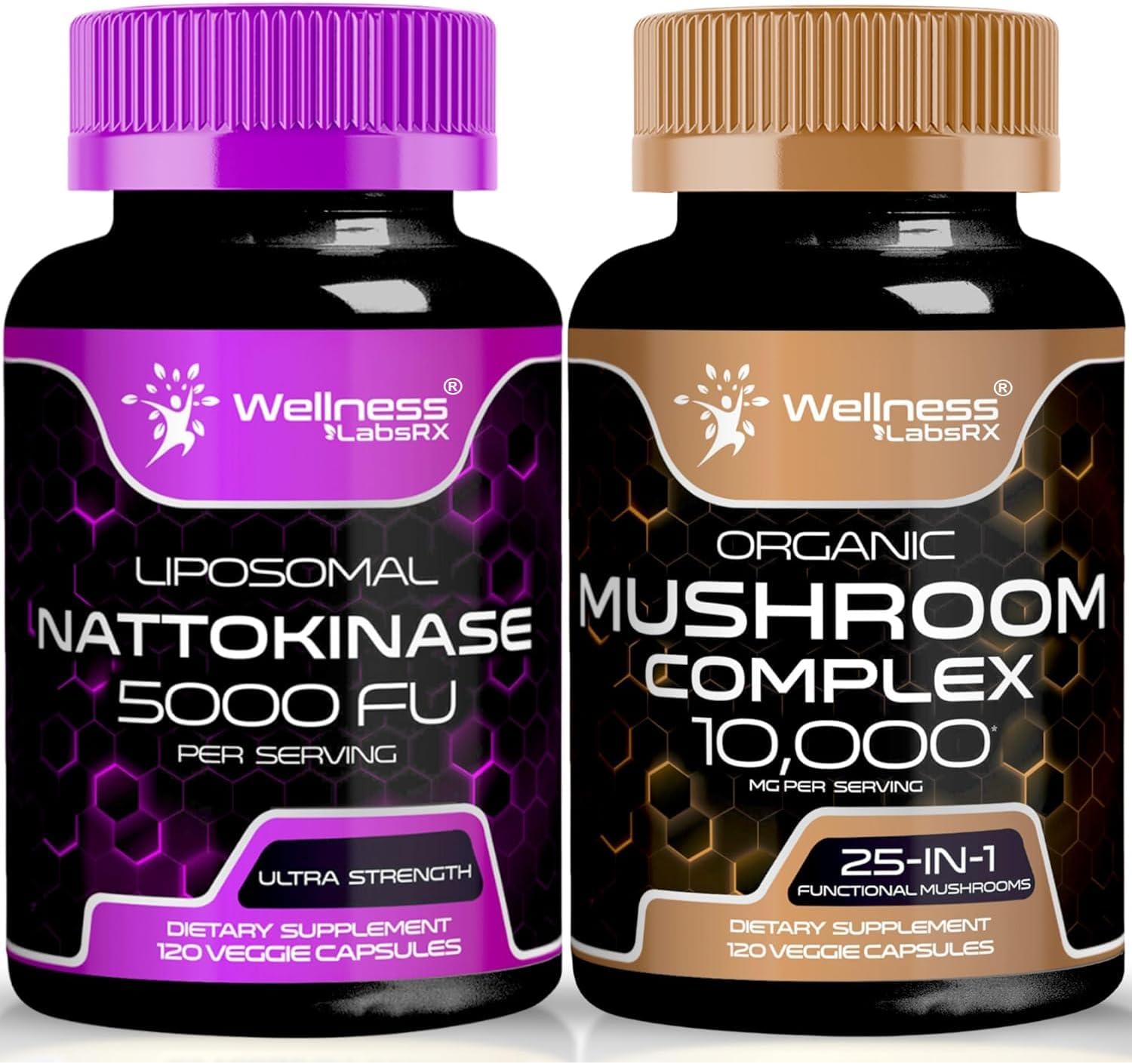 Organic Mushroom & Nattokinase Supplement Capsules - Japanese Natto Extract Enzymes - 25 in 1 Mushroom Complex - 15000mg Total