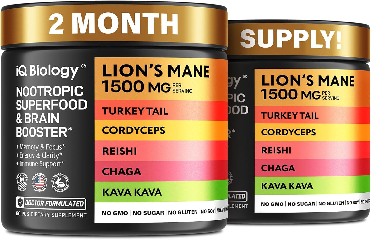 Organic Mushroom Nootropic Supplement with Kava Kava Extract, Cordyceps, Lions Mane, Reishi - Energy Boost Capsules for Women - Ashwagandha, Magnesium - 60 Capsules (2 Pack)