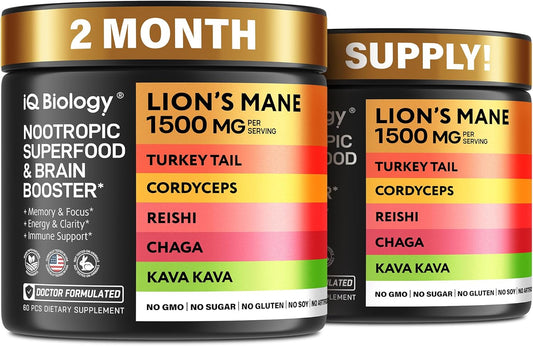 Organic Mushroom Nootropic Supplement with Kava Kava Extract, Cordyceps, Lions Mane, Reishi - Energy Boost Capsules for Women - Ashwagandha, Magnesium - 60 Capsules (2 Pack)