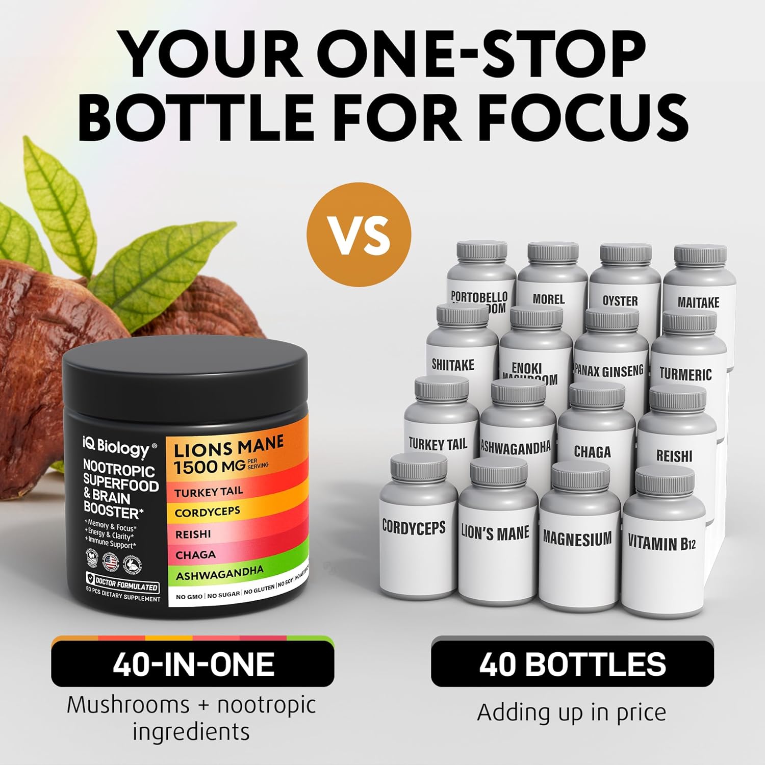 Organic Mushroom Nootropic Supplement with Kava Kava Extract, Cordyceps, Lions Mane, Reishi - Energy Boost Capsules for Women - Ashwagandha, Magnesium - 60 Capsules (2 Pack)