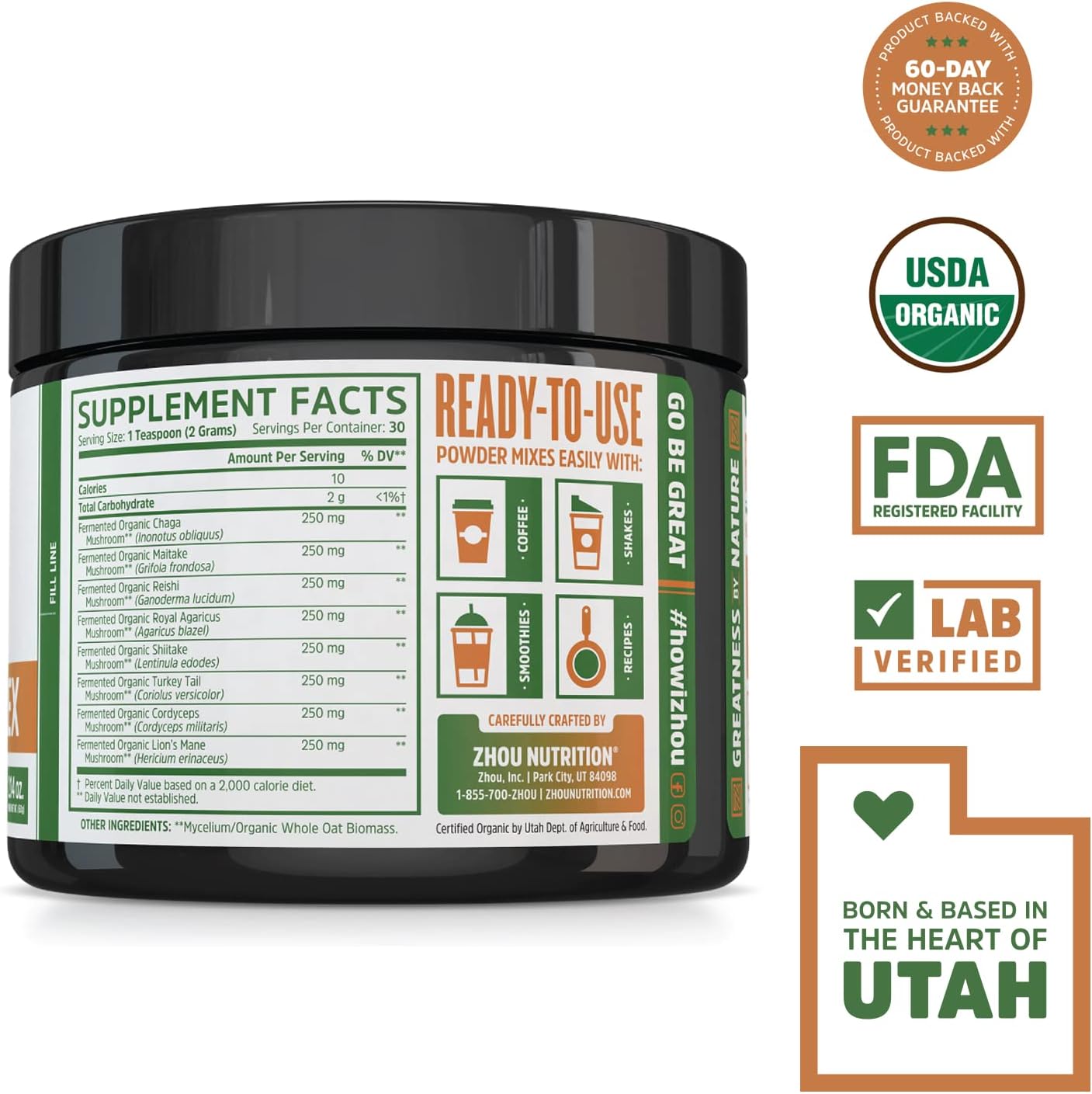 Organic Mushroom Powder Blend for Cognitive, Immune Health & Energy - Lions Mane, Reishi & Turkey Tail - 30 Servings - 2.14 Oz