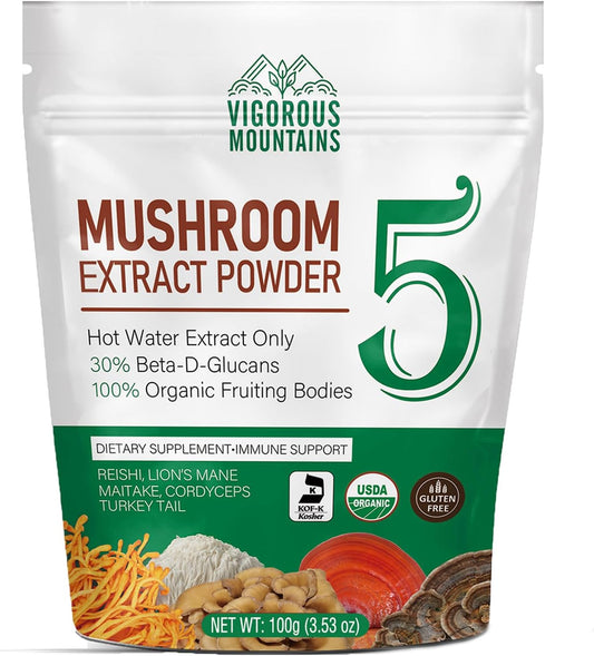 Organic Mushroom Powder Blend for Daily Use - Lions Mane, Turkey Tail, Cordyceps, Reishi, Maitake Supplement - 50 Servings, Soluble in Coffee/Tea/Cooking
