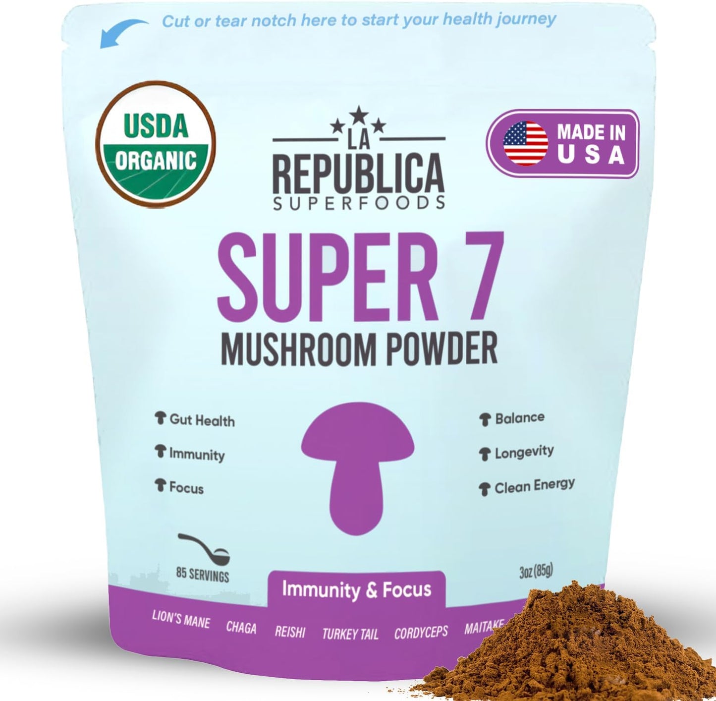 Organic Mushroom Powder Blend (Lion's Mane, Chaga, Reishi, Cordyceps, Maitake, Turkey Tail) - 3 oz, No Fillers, USDA Certified by LRLA SUPERFOODS La Republica