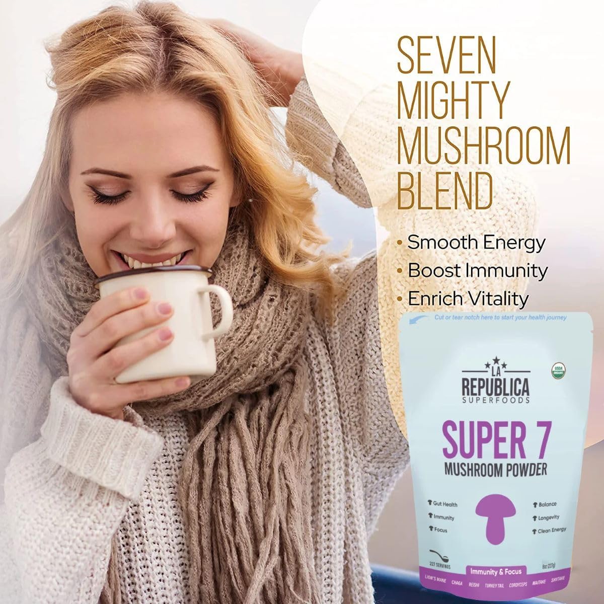 Organic Mushroom Powder Blend (Lion's Mane, Chaga, Reishi, Cordyceps, Maitake, Turkey Tail) - 3 oz, No Fillers, USDA Certified by LRLA SUPERFOODS La Republica