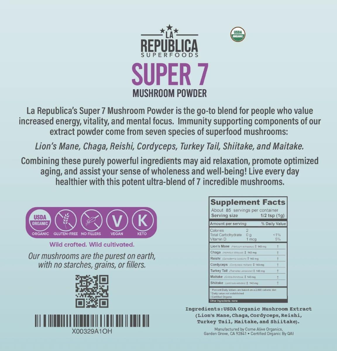 Organic Mushroom Powder Blend (Lion's Mane, Chaga, Reishi, Cordyceps, Maitake, Turkey Tail) - 3 oz, No Fillers, USDA Certified by LRLA SUPERFOODS La Republica