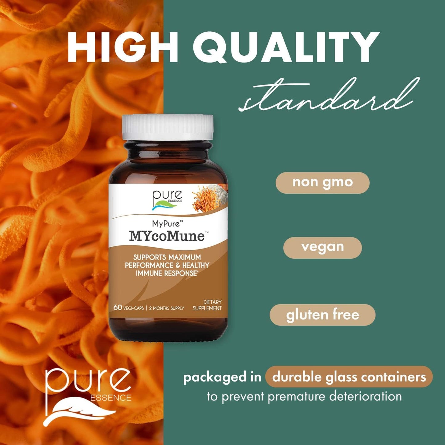 Organic Mushroom Powder Extract Supplement for Immune Support - Reishi, Lion's Mane, Cordyceps, Chaga, Shiitake, Maitake - 60 Capsules by PURE ESSENCE LABS