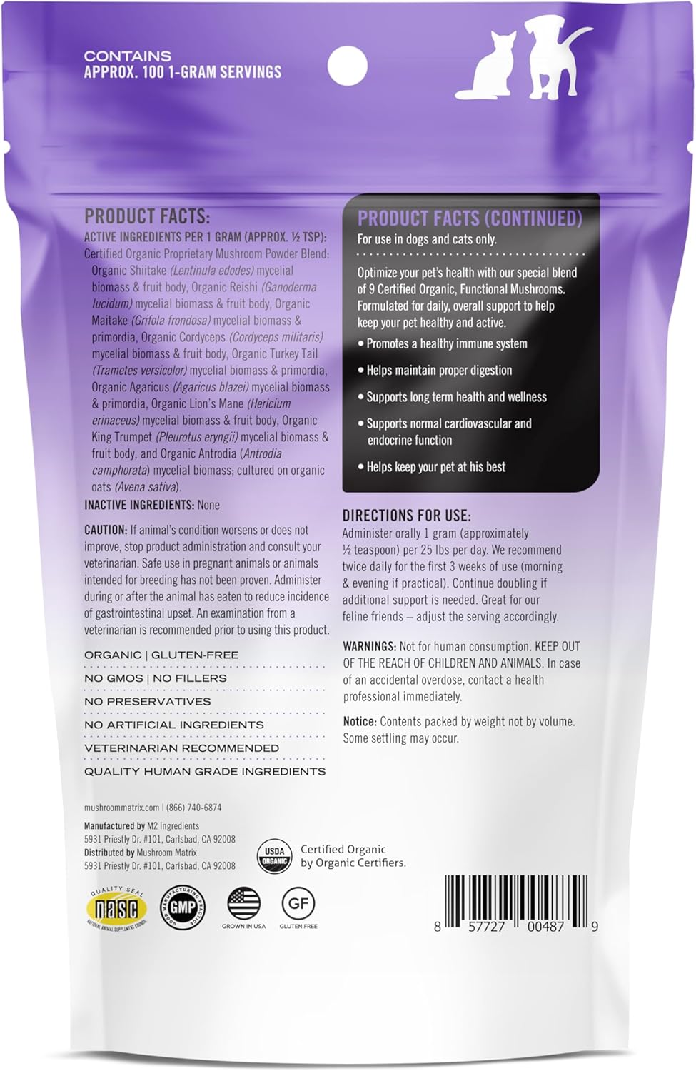 Organic Mushroom Powder Pet Supplement for Dogs & Cats - USA Grown Immune Support - 100g, 3.5 oz