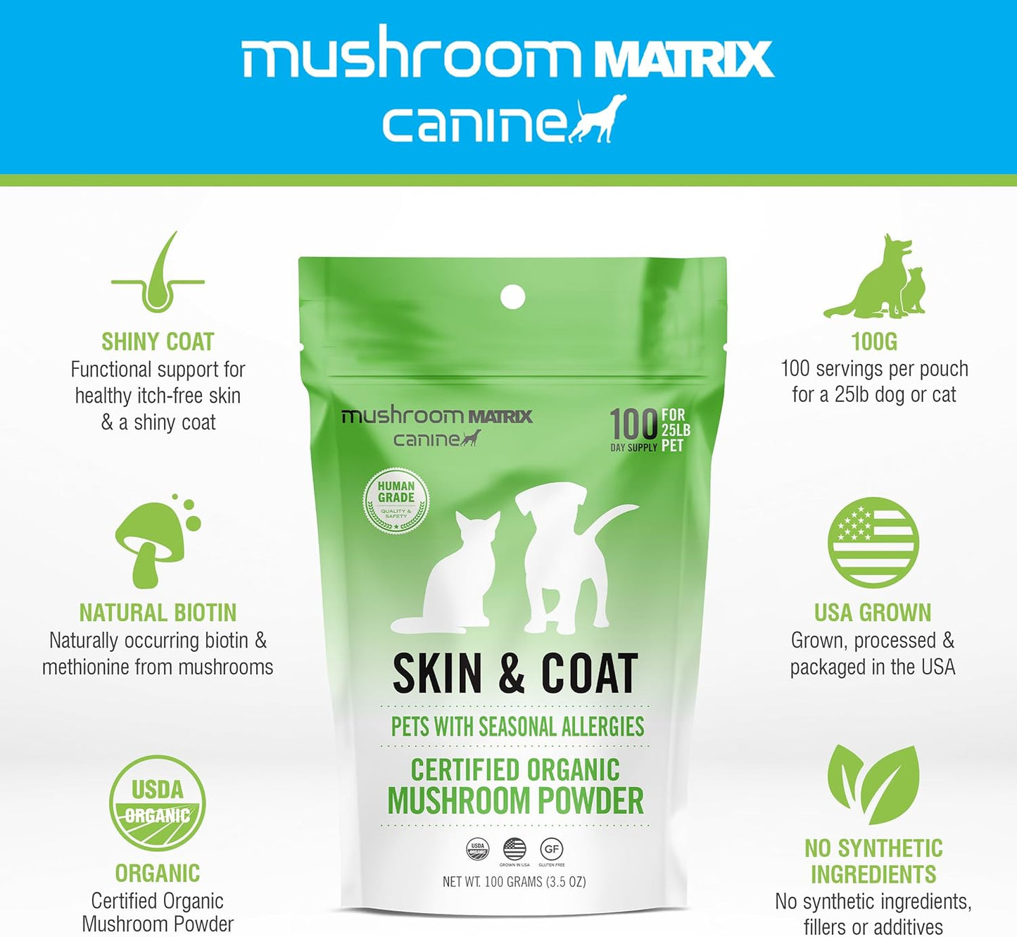 Organic Mushroom Skin & Coat Pet Supplement for Dogs & Cats | USA Grown Powder | Seasonal Allergy Support | 100g, 3.5oz