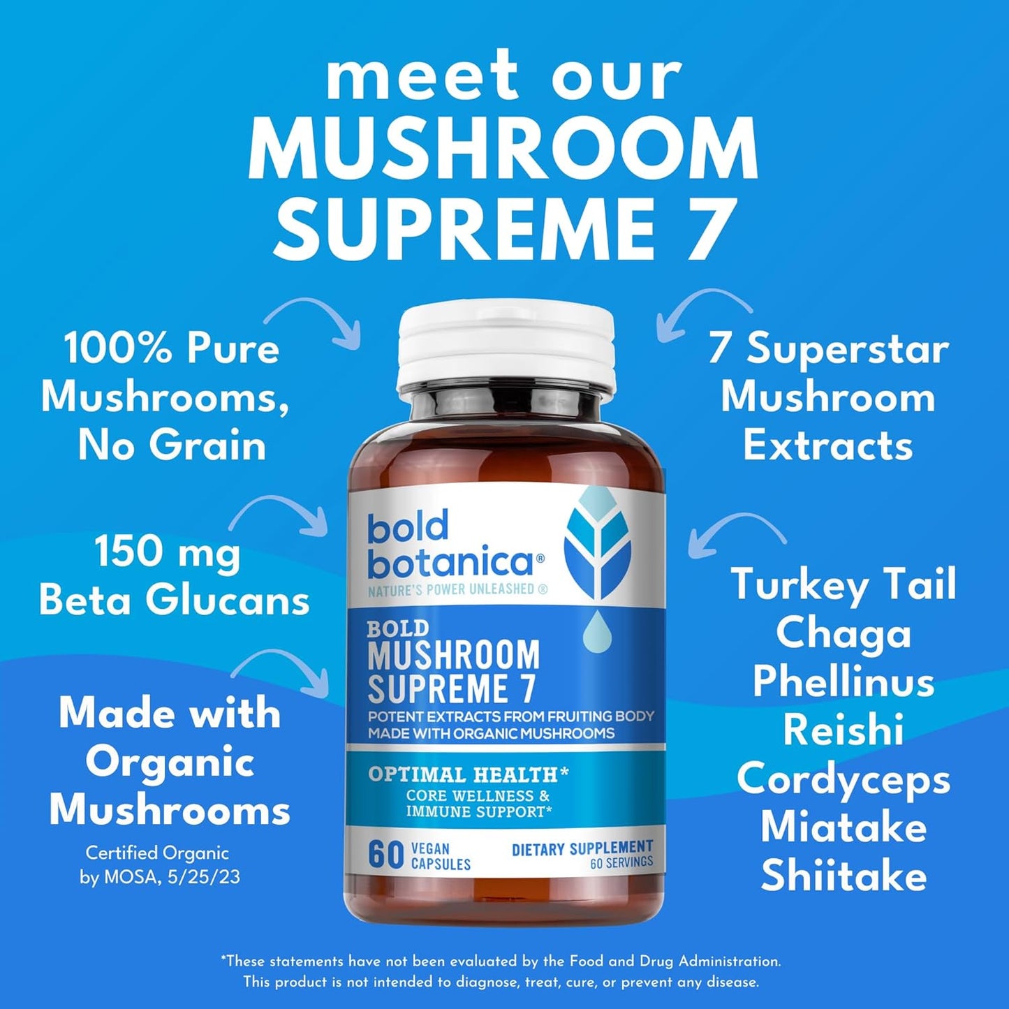 Organic Mushroom Supplement - Immune Support & Wellness - Turkey Tail, Chaga, Reishi, Cordyceps, Maitake, Shiitake - 60 Capsules