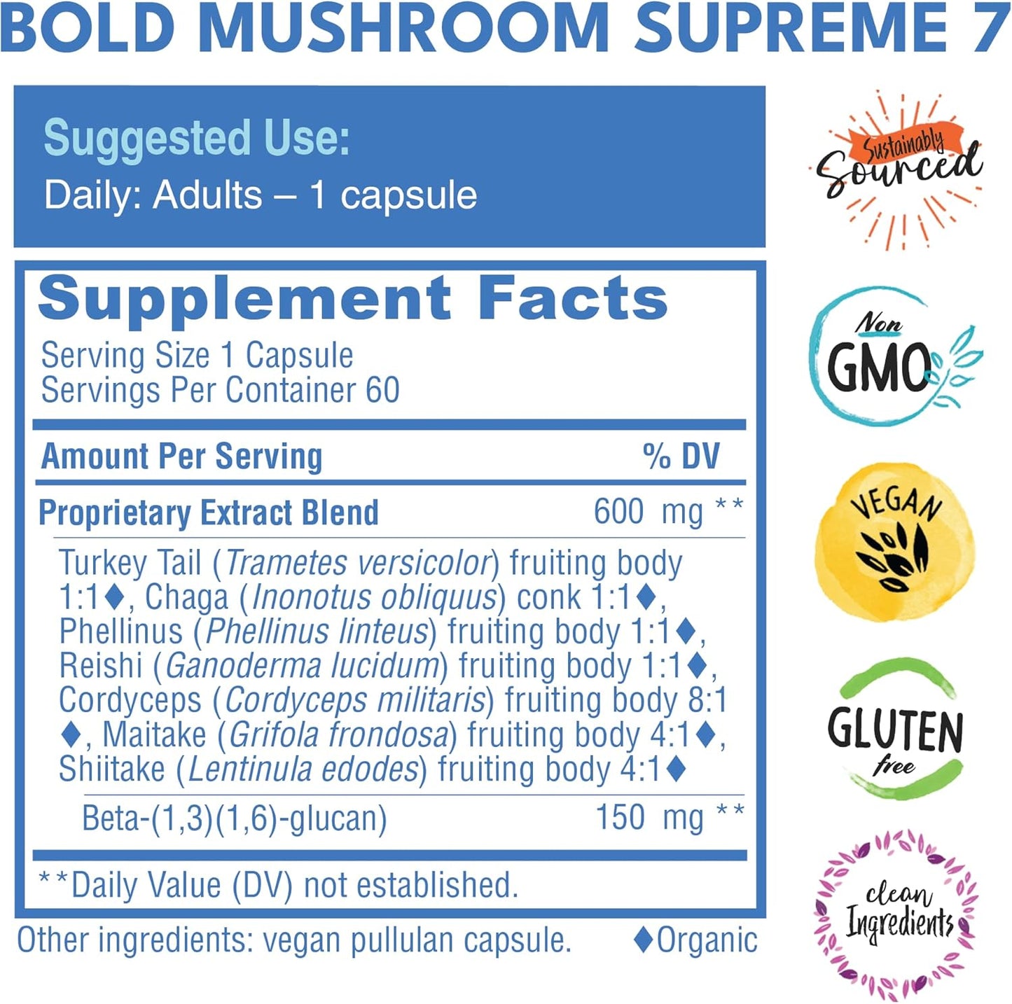 Organic Mushroom Supplement - Immune Support & Wellness - Turkey Tail, Chaga, Reishi, Cordyceps, Maitake, Shiitake - 60 Capsules