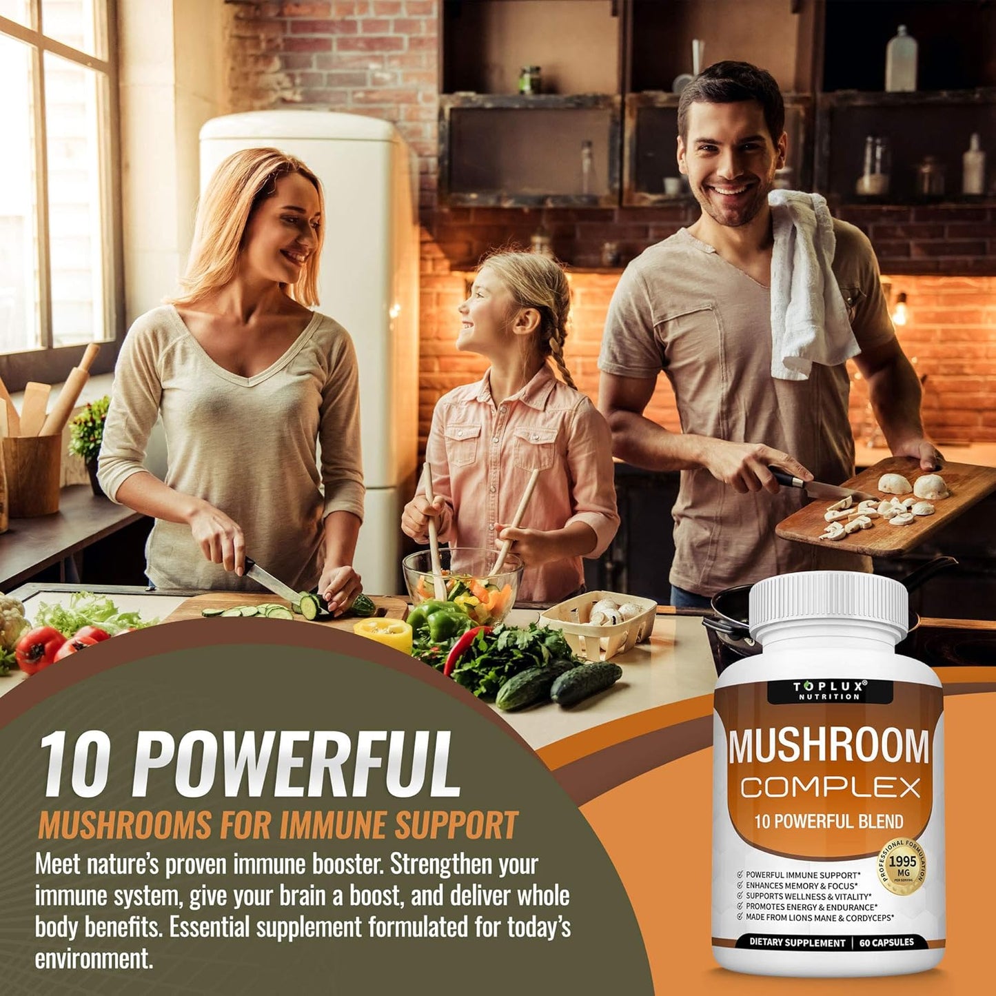 Organic Mushroom Supplement Blend for Immune Support, Memory, Focus, Energy - Lions Mane, Cordyceps, Reishi, Chaga - 60 Capsules