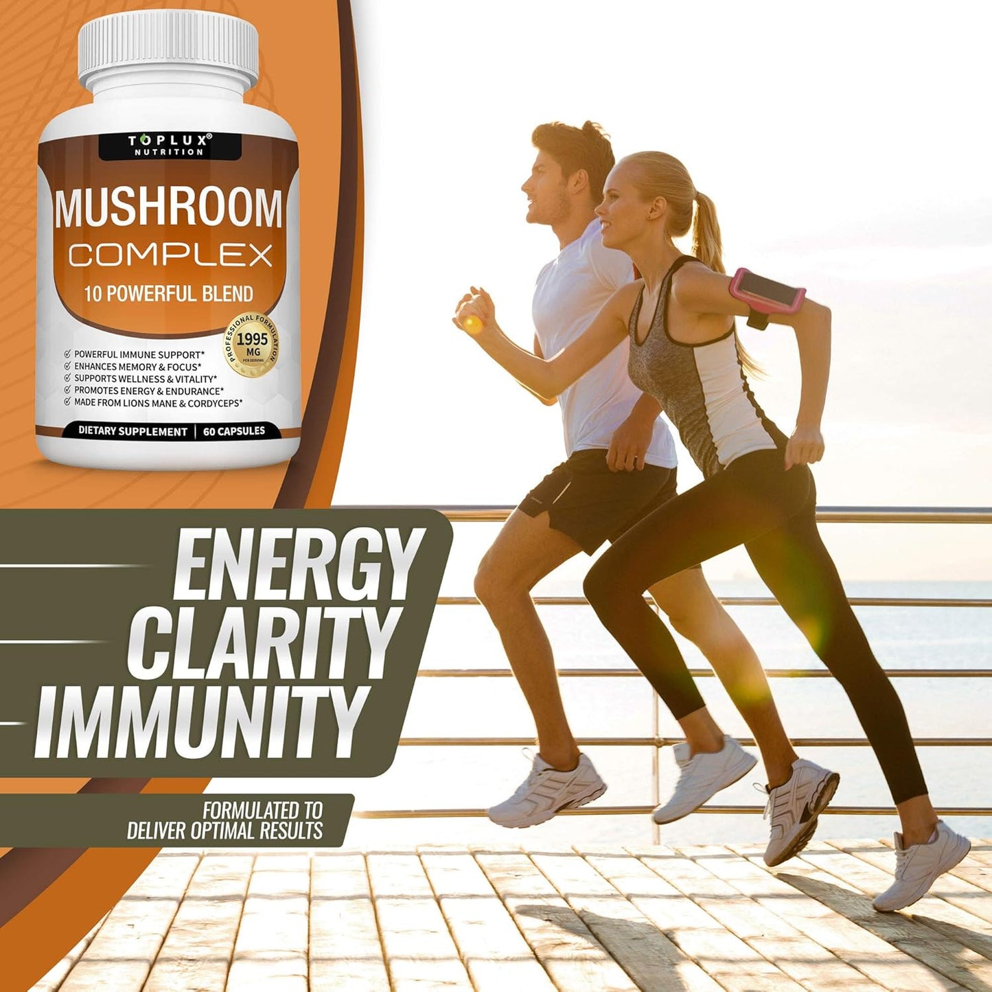 Organic Mushroom Supplement Blend for Immune Support, Memory, Focus, Energy - Lions Mane, Cordyceps, Reishi, Chaga - 60 Capsules