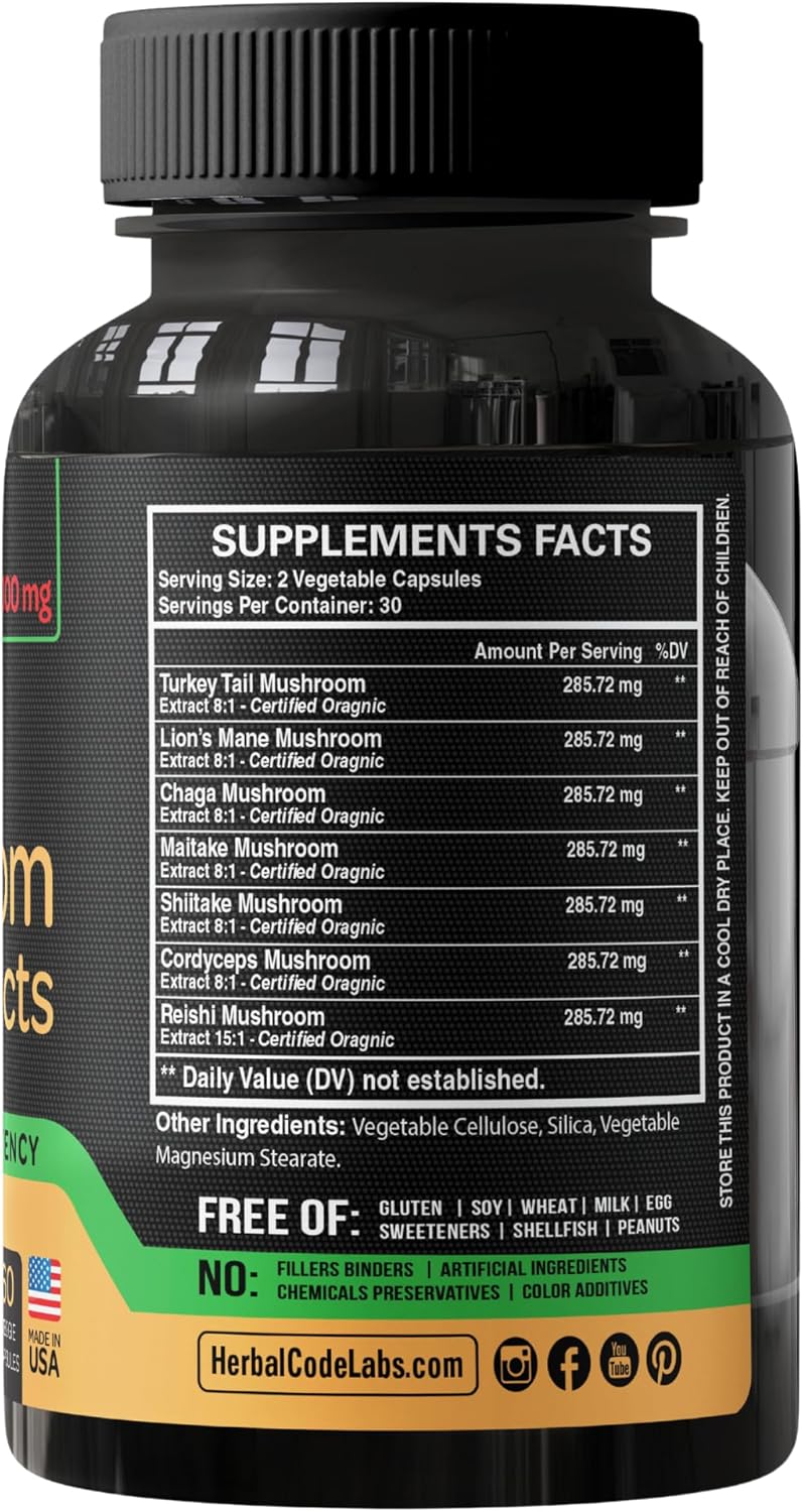 Organic Mushroom Supplement Extracts Capsules - Lions Mane, Cordyceps, Chaga, Reishi, Turkey Tail, Maitake, Shiitake - USA Made - Natural Vitamins, Minerals, Antioxidants