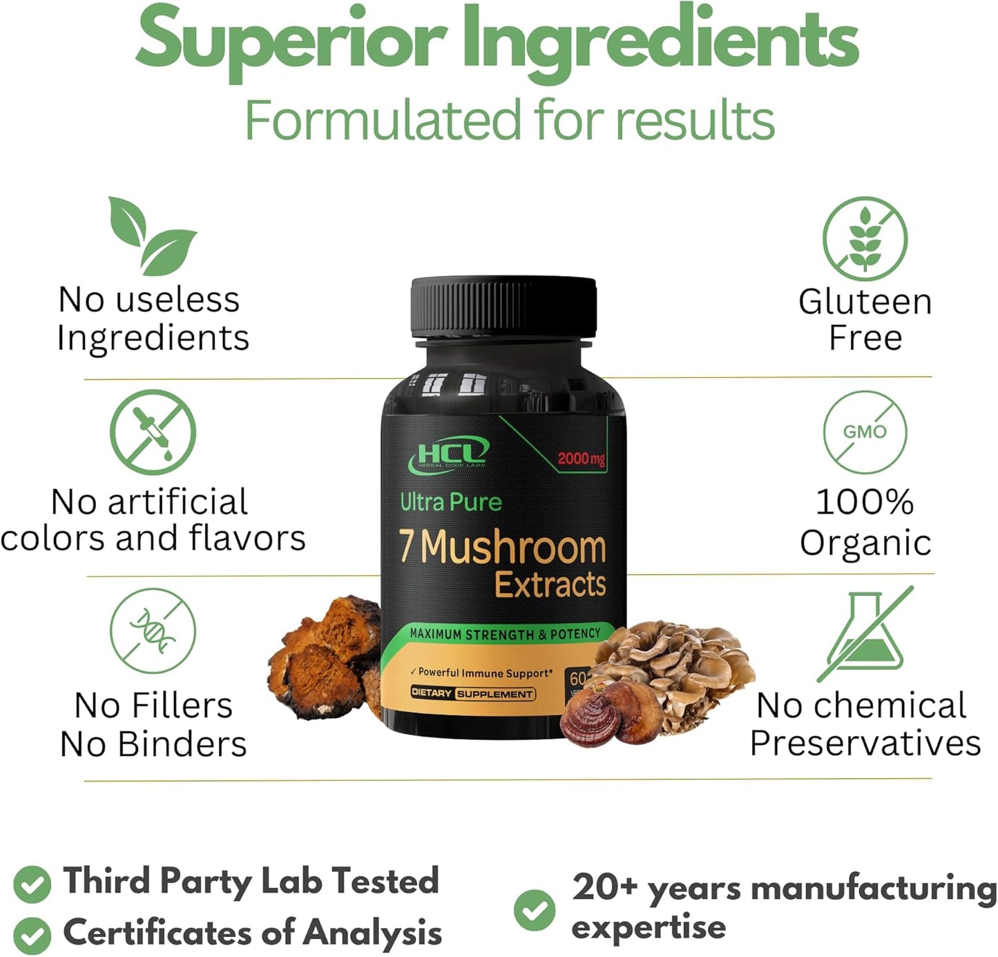 Organic Mushroom Supplement Extracts Capsules - Lions Mane, Cordyceps, Chaga, Reishi, Turkey Tail, Maitake, Shiitake - USA Made - Natural Vitamins, Minerals, Antioxidants