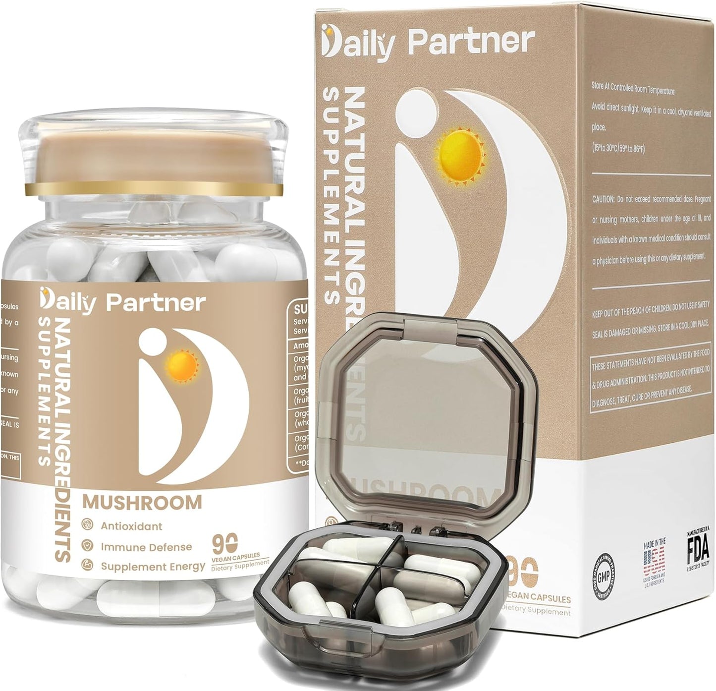 Organic Mushroom Supplement for Immune Boost, Memory, Focus & Energy - Lion's Mane, Reishi, Cordyceps, Turkey Tail - Brain Support - 2000mg, 90 Vegan Capsules with Capsule Box
