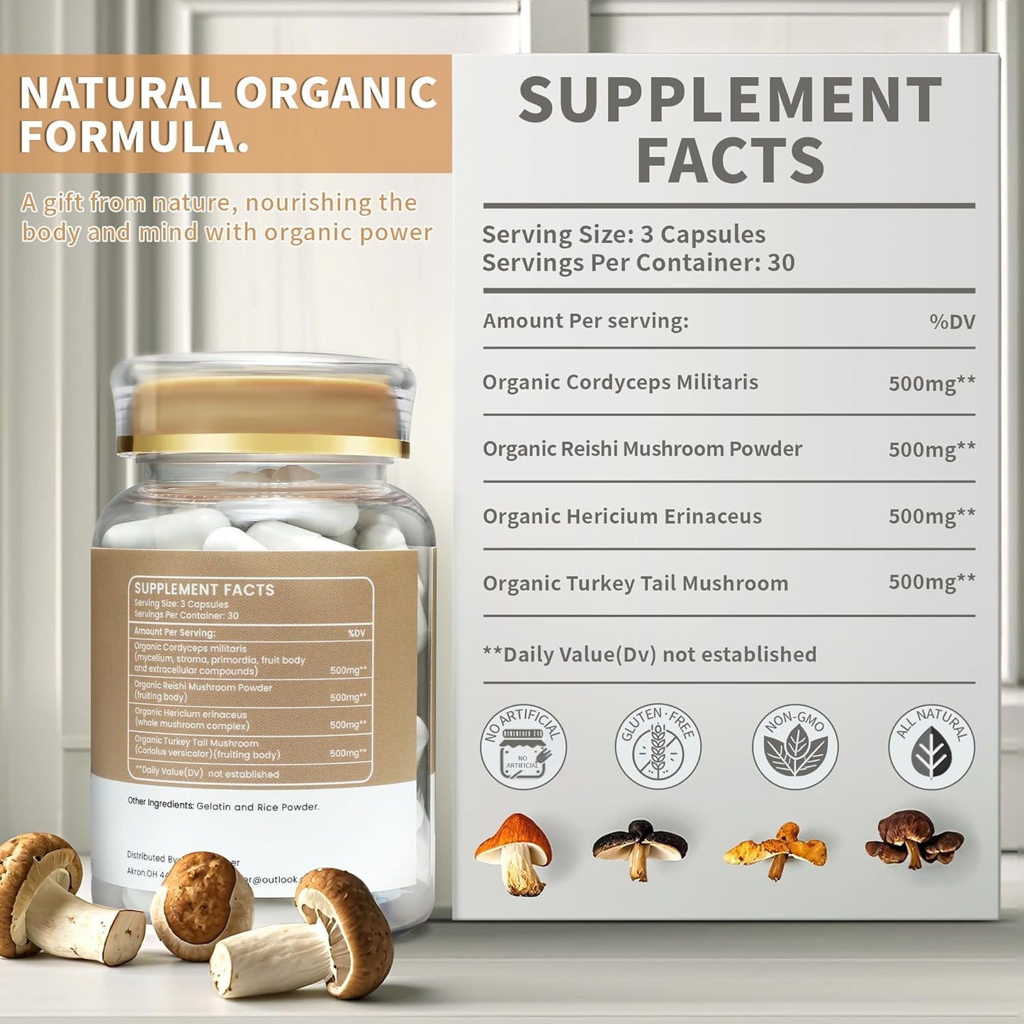 Organic Mushroom Supplement for Immune Boost, Memory, Focus & Energy - Lion's Mane, Reishi, Cordyceps, Turkey Tail - Brain Support - 2000mg, 90 Vegan Capsules with Capsule Box