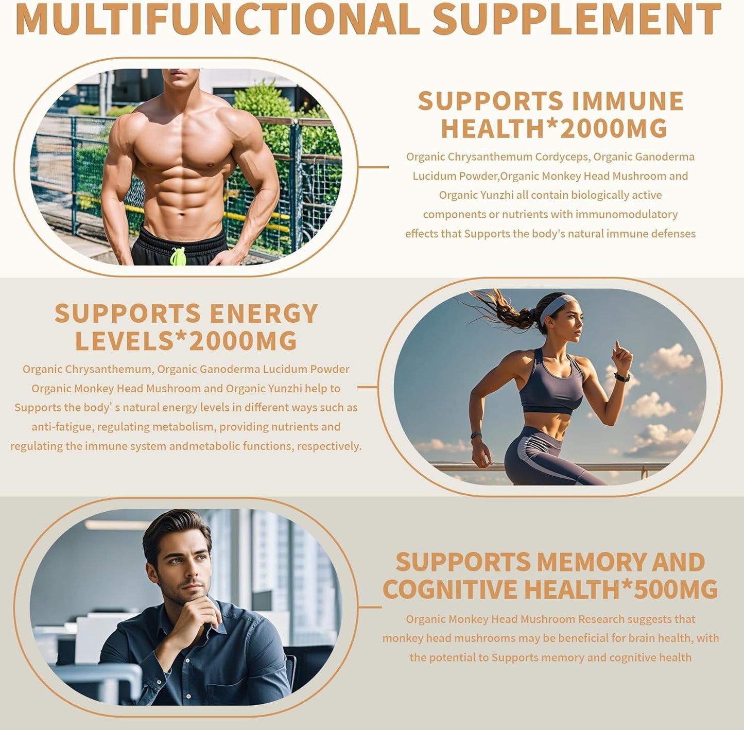 Organic Mushroom Supplement for Immune Boost, Memory, Focus & Energy - Lion's Mane, Reishi, Cordyceps, Turkey Tail - Brain Support - 2000mg, 90 Vegan Capsules with Capsule Box