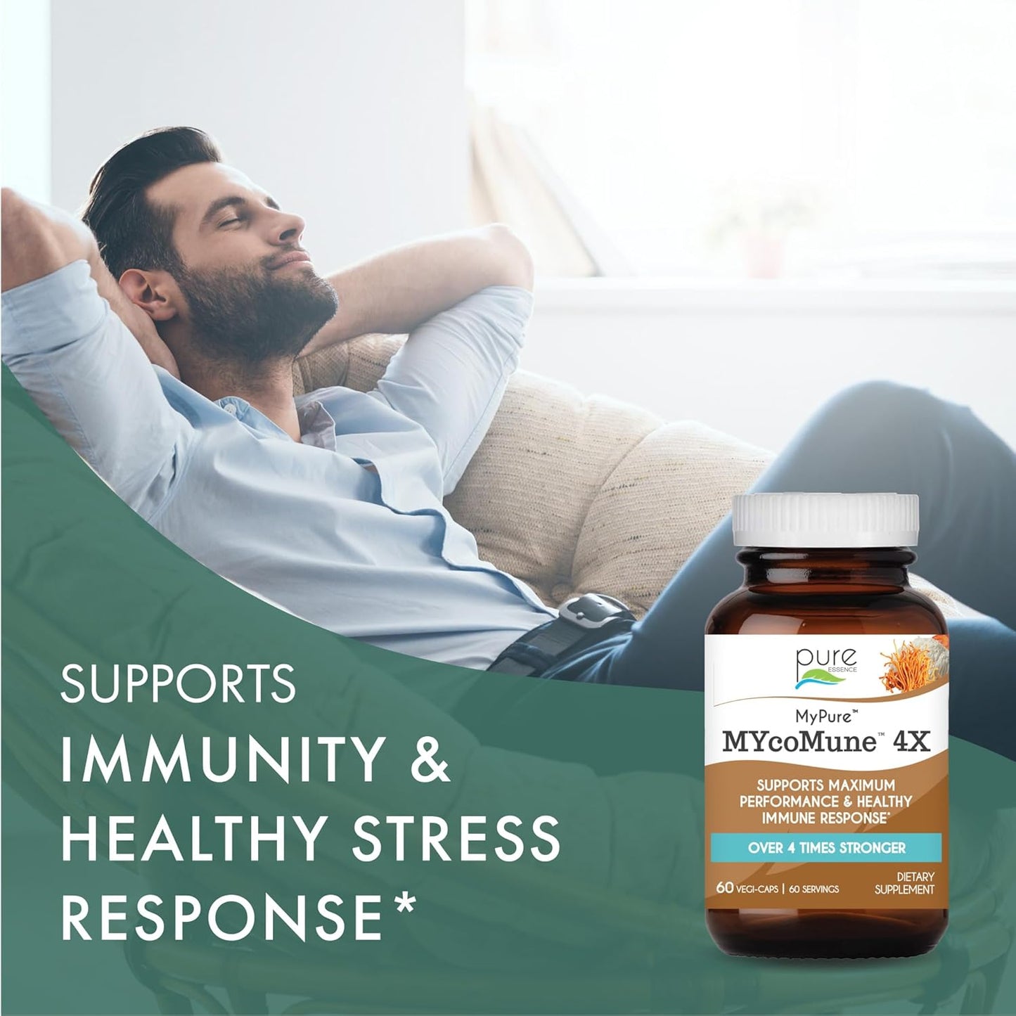 Organic Mushroom Supplement for Immune Support and Energy - Pure Essence Labs MycoMune 4X - Reishi, Lion's Mane, Cordyceps, Chaga, Shiitake, Maitake - 30 Capsules