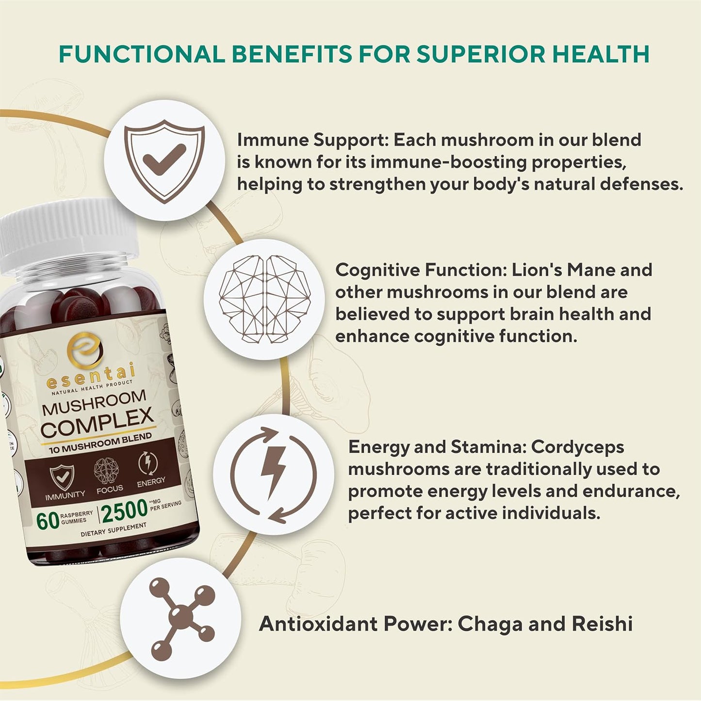 Organic Mushroom Supplement Gummies - Immunity Boost & Energy Support - 10 Mushroom Blend - 60 Gummies - USA Made