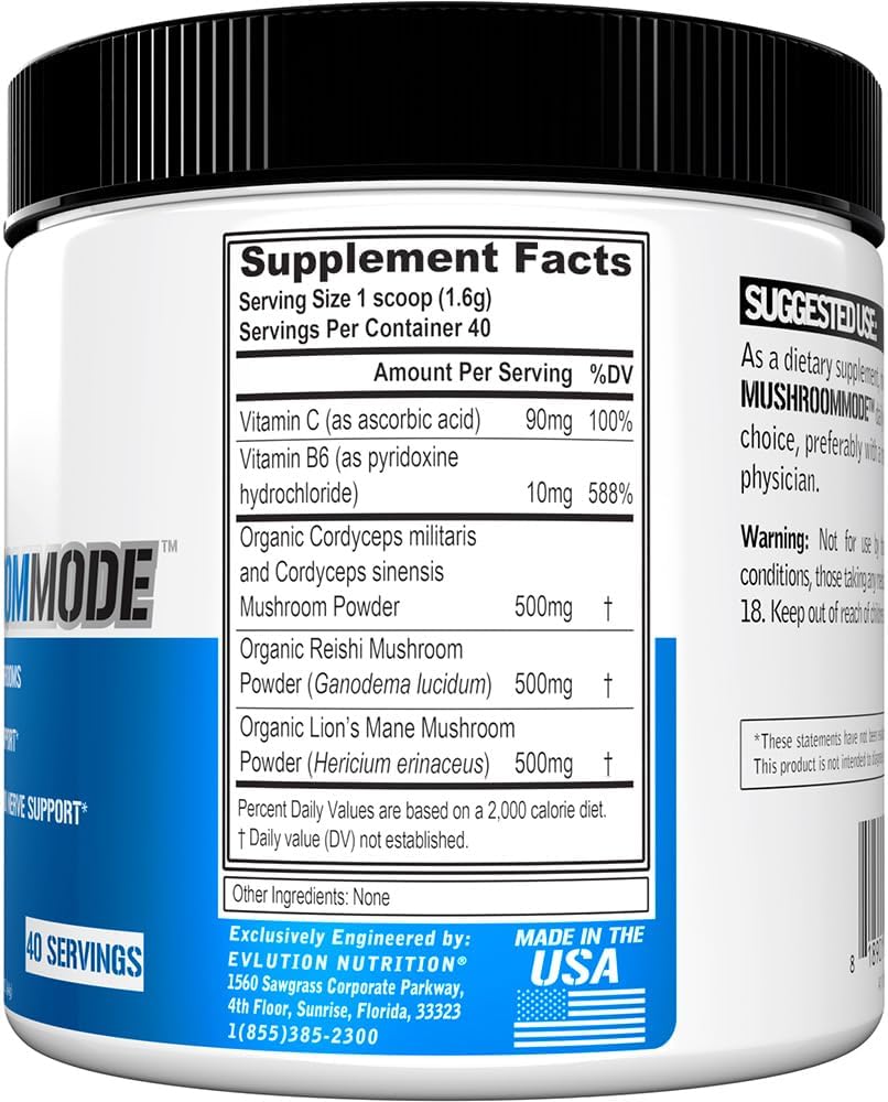Organic Mushroom Supplement Powder with Lions Mane, Cordyceps, and Reishi - Brain Support Nootropic for Focus and Energy - Vegan - 40 Servings