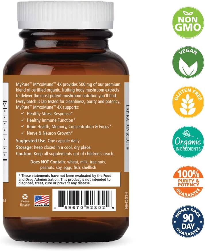 Organic Mushroom Supplement with Reishi, Lion's Mane, Cordyceps, Chaga, Shiitake, Maitake for Immune System Support, Stress Relief, and Energy Boost - 60 Capsules by Pure Essence Labs