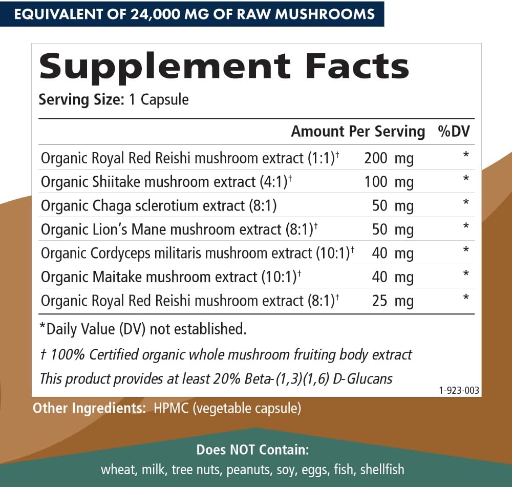 Organic Mushroom Supplement with Reishi, Lion's Mane, Cordyceps, Chaga, Shiitake, Maitake for Immune System Support, Stress Relief, and Energy Boost - 60 Capsules by Pure Essence Labs