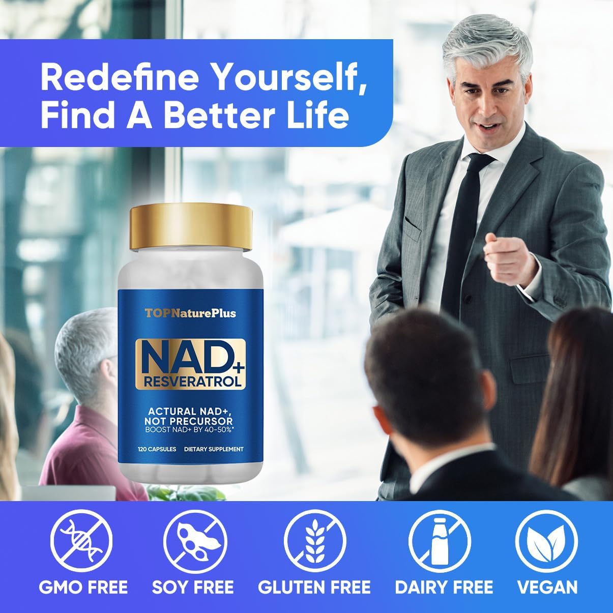 Organic NAD+ & Resveratrol Supplement 1000mg for Energy Boost, DNA Repair, Anti-Aging, Brain Health - 120 Capsules