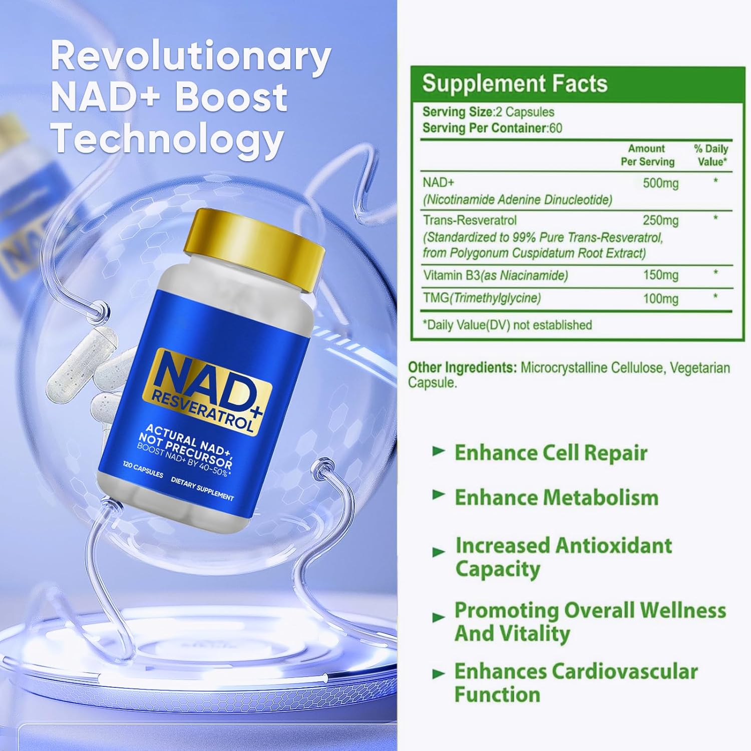 Organic NAD+ & Resveratrol Supplement 1000mg for Energy Boost, DNA Repair, Anti-Aging, Brain Health - 120 Capsules