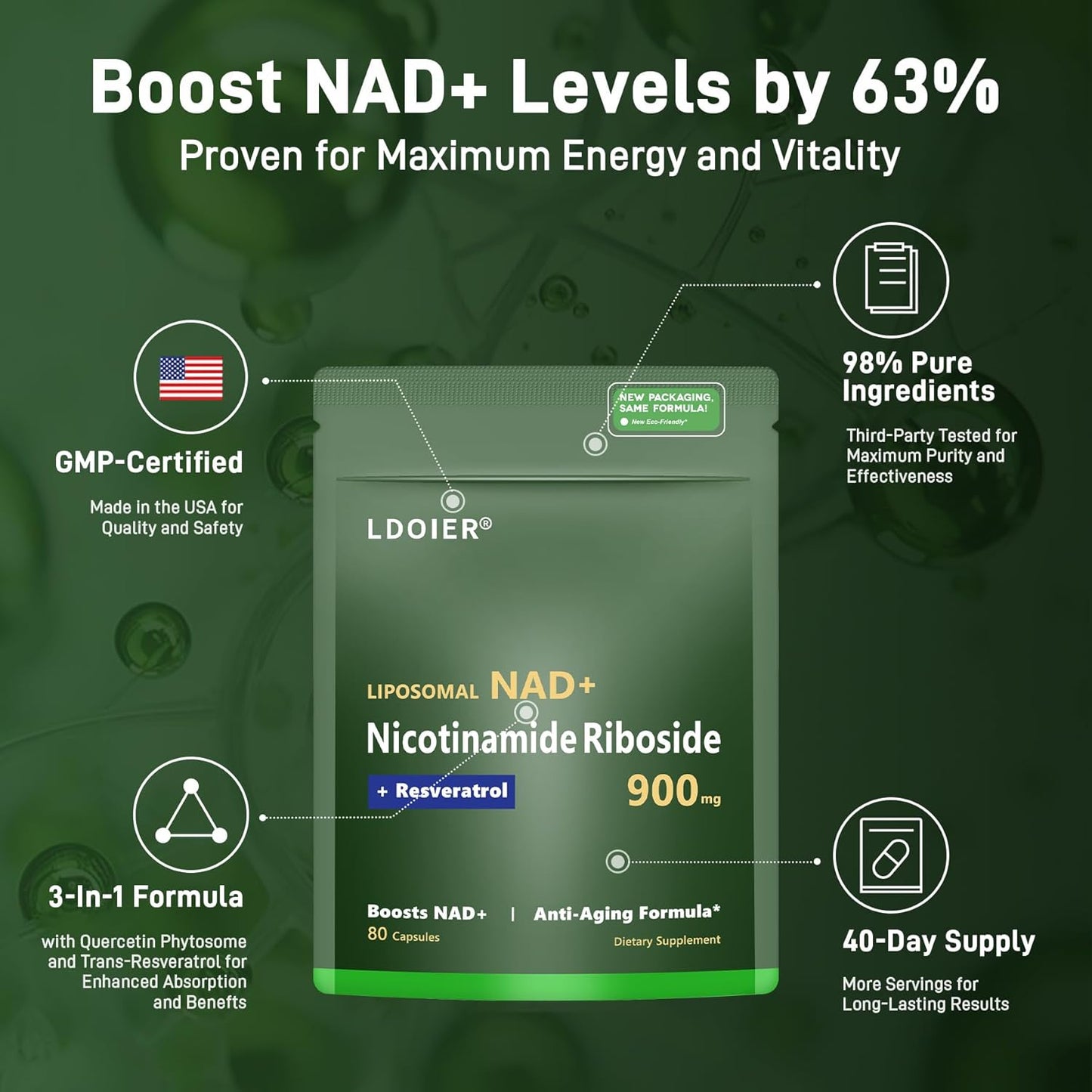 Organic NAD+ Supplement 900mg with Nicotinamide Riboside - Supports Cellular Repair, Healthy Aging, Brain Health - 80 Capsules