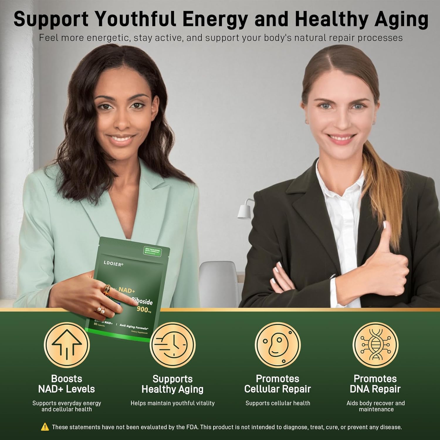 Organic NAD+ Supplement 900mg with Nicotinamide Riboside - Supports Cellular Repair, Healthy Aging, Brain Health - 80 Capsules