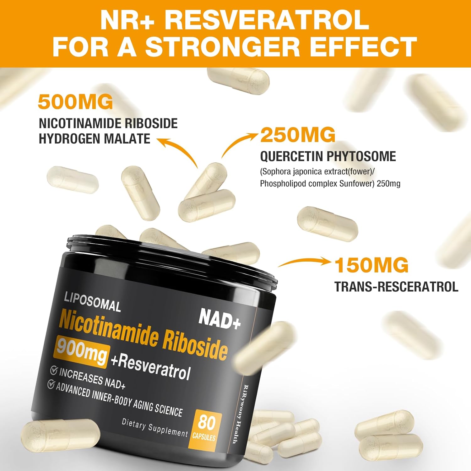Organic NAD+ Supplement with NR & Resveratrol Quercetin for Healthy Aging - 80 Capsules