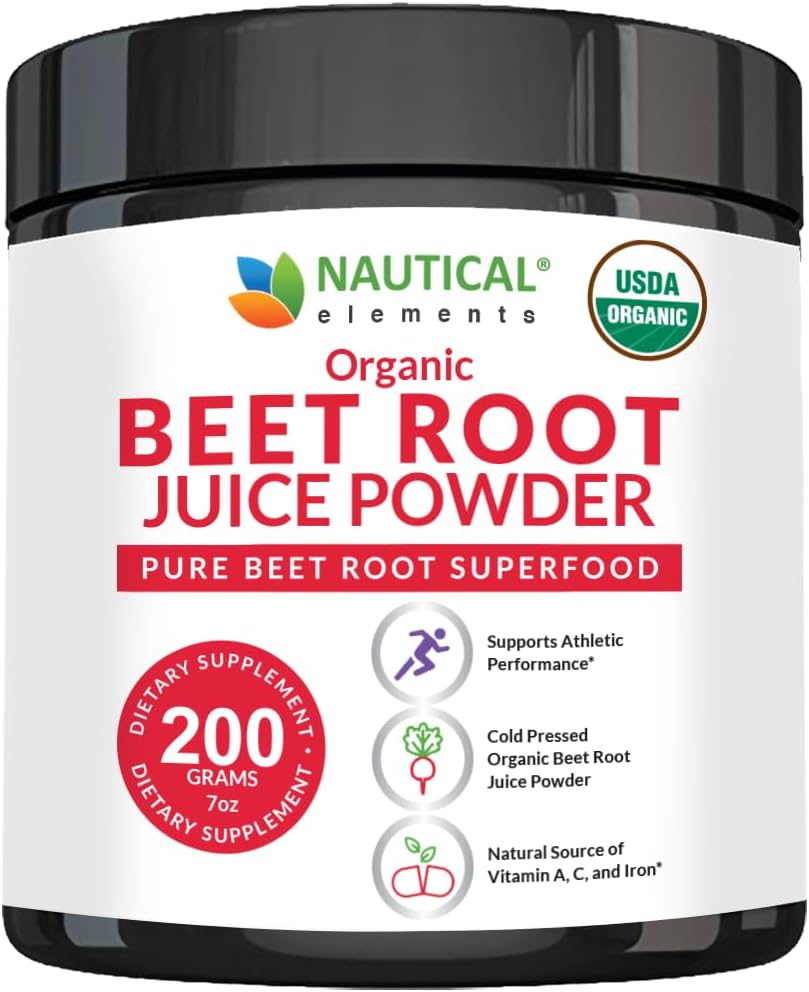 Organic Nautical Elements Beet Juice Powder - 20:1 Concentrate for Circulation Support - Cold Pressed Beet Root Supplement - Nitric Oxide Boost - 57 Servings - 7oz