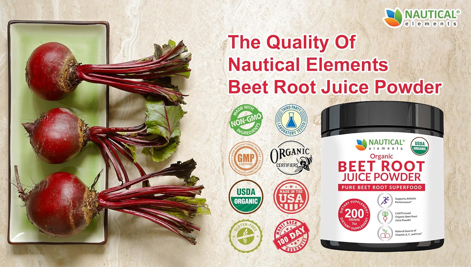 Organic Nautical Elements Beet Juice Powder - 20:1 Concentrate for Circulation Support - Cold Pressed Beet Root Supplement - Nitric Oxide Boost - 57 Servings - 7oz