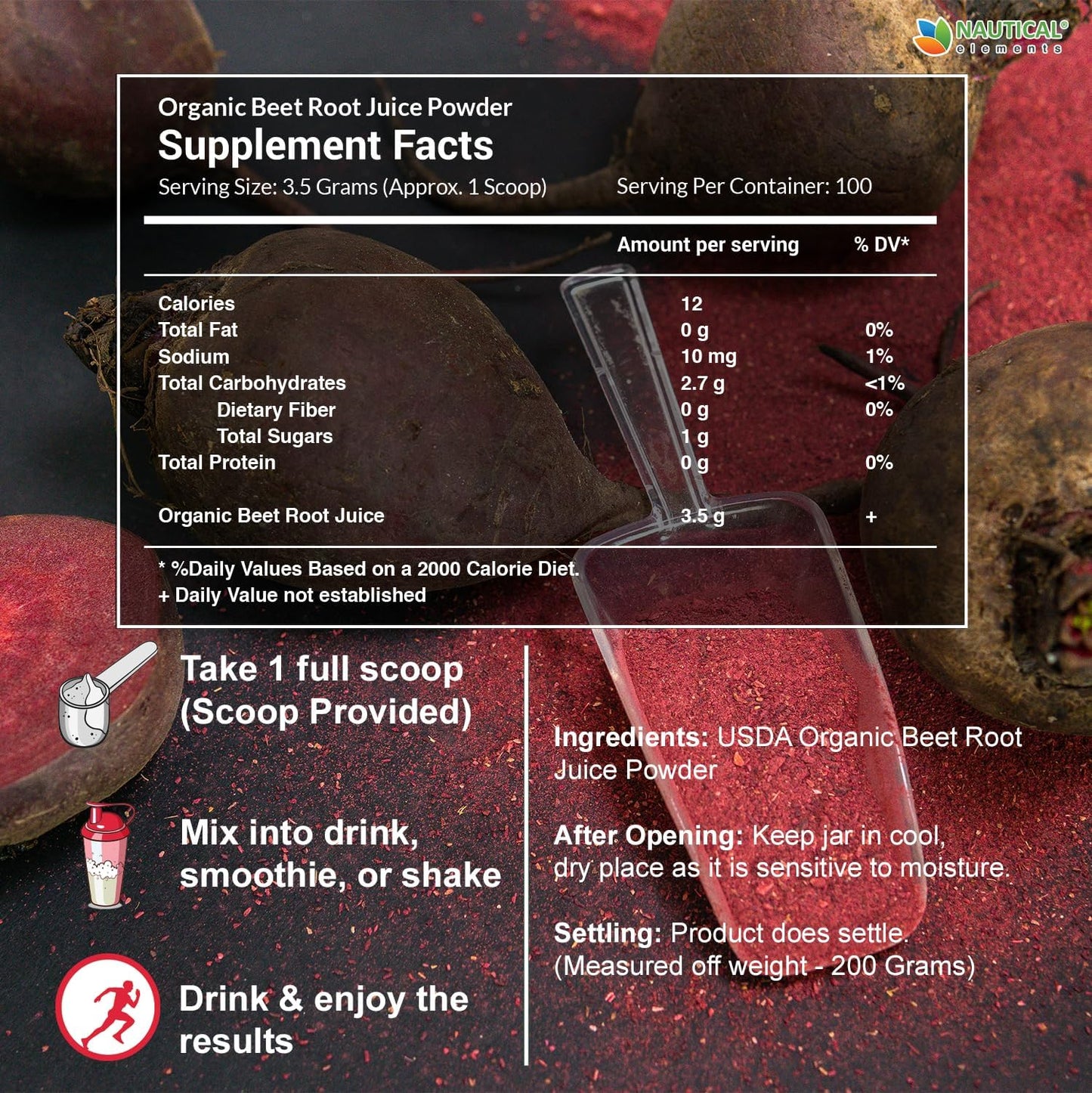 Organic Nautical Elements Beet Juice Powder - 20:1 Concentrate for Circulation Support - Cold Pressed Beet Root Supplement - Nitric Oxide Boost - 57 Servings - 7oz