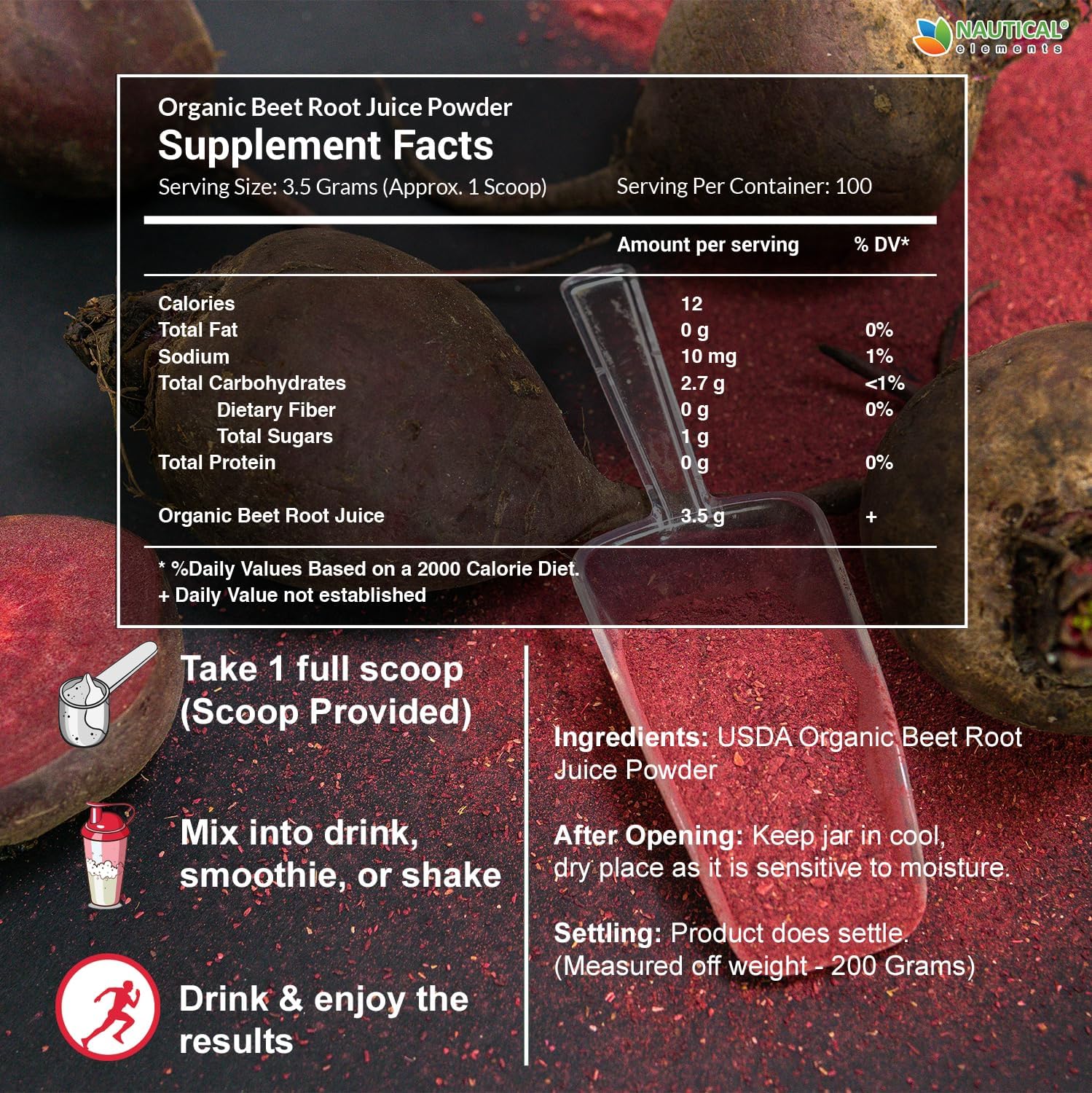 Organic Nautical Elements Beet Juice Powder - 20:1 Concentrate for Circulation Support - Cold Pressed Beet Root Supplement - Nitric Oxide Boost - 57 Servings - 7oz