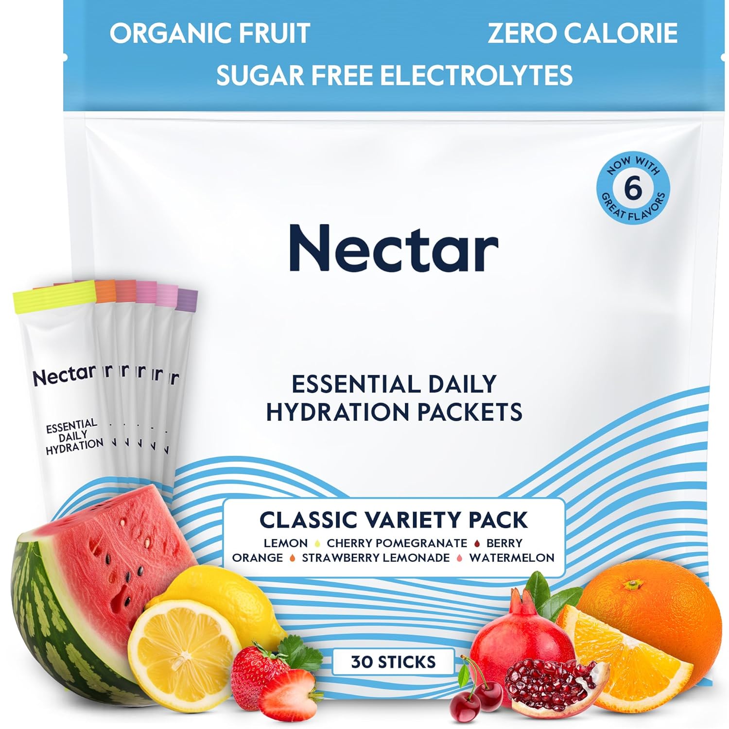 Organic Nectar Hydration Packets - Electrolyte Powder - Sugar Free & 0 Calorie - Liquid IV Hydrate Packets - Variety 30 Pack