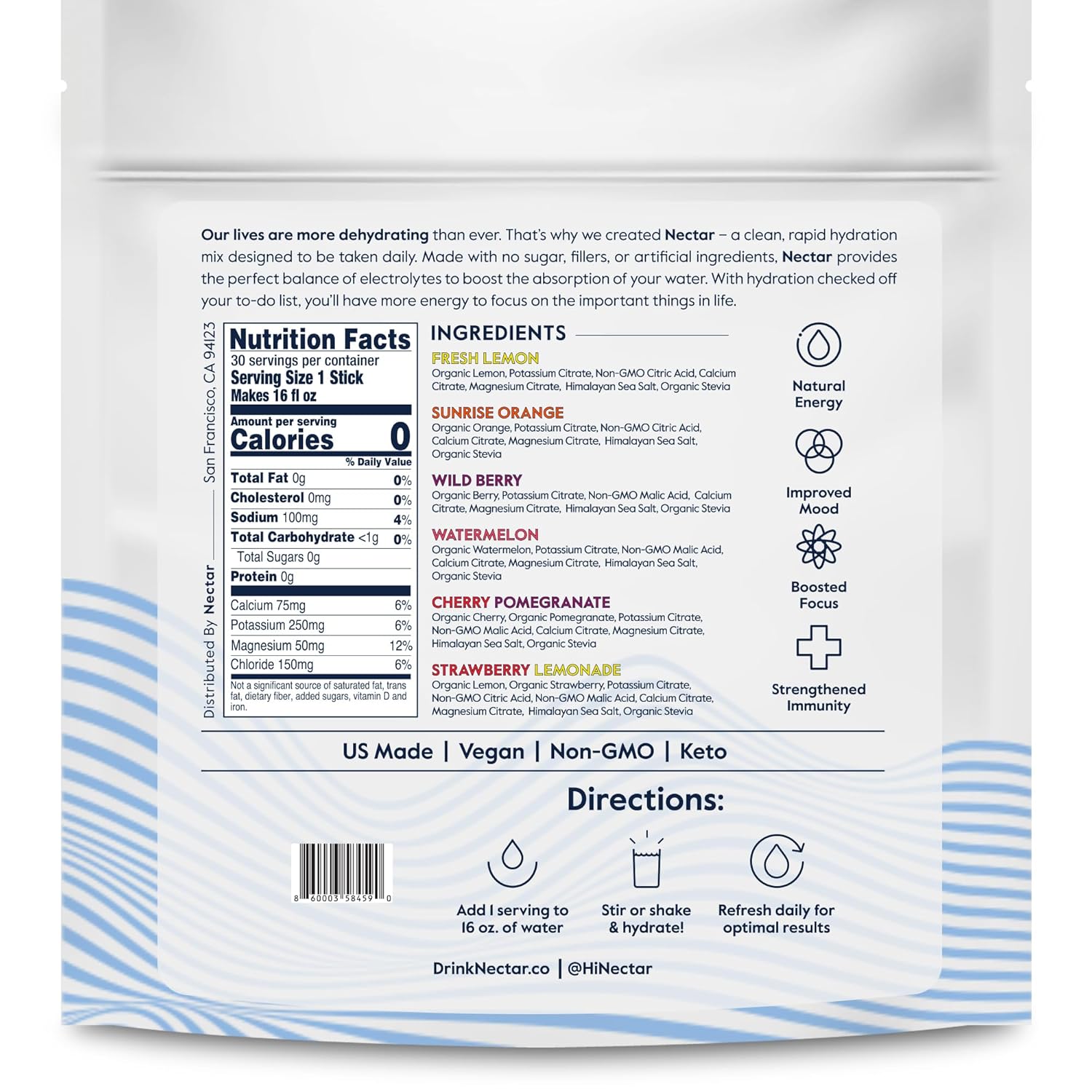 Organic Nectar Hydration Packets - Electrolyte Powder - Sugar Free & 0 Calorie - Liquid IV Hydrate Packets - Variety 30 Pack