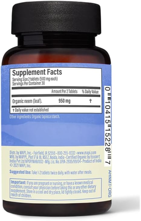 Organic Neem Herbal Supplement Tablets - Blood Purifying & Skin Care Support | Promotes Glowy & Clear Skin | 100% Organic (60 Tablets, 500mg)