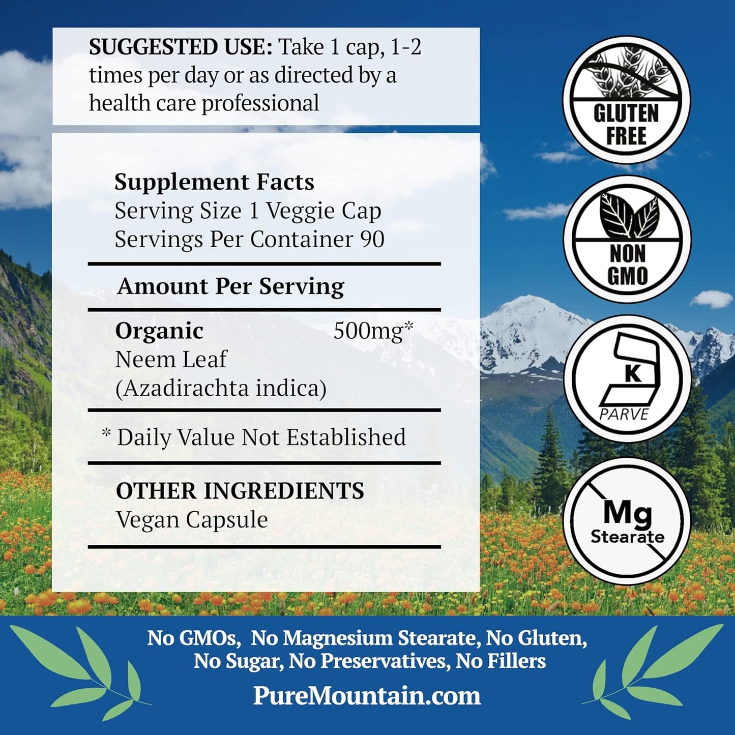 Organic Neem Leaf Supplement - 90 Kosher Vegan Capsules by Pure Mountain Botanicals