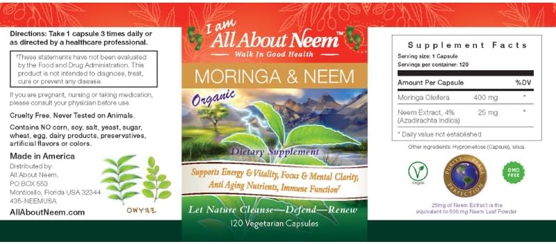 Organic Neem Moringa and Neem Leaf Capsules - 120 Count, 400 mg and 500 mg, Freshly Sourced