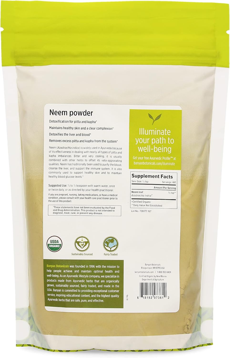 Organic Neem Powder - Purifying Ayurvedic Herb for Healthy Skin & Blood - 1 lb. - Non-GMO Vegan - Fair Trade