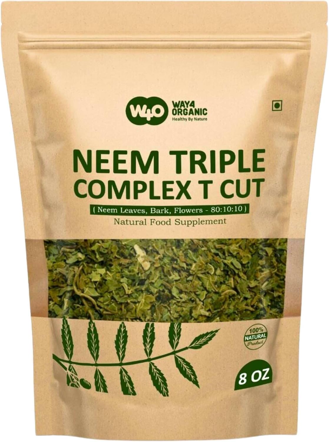 Organic Neem Triple Complex T Cut for Fresh Leaf Tea - 8 oz (Pack of 2) - Neem Leaves, Bark, Flower in 80:10:10 Ratio